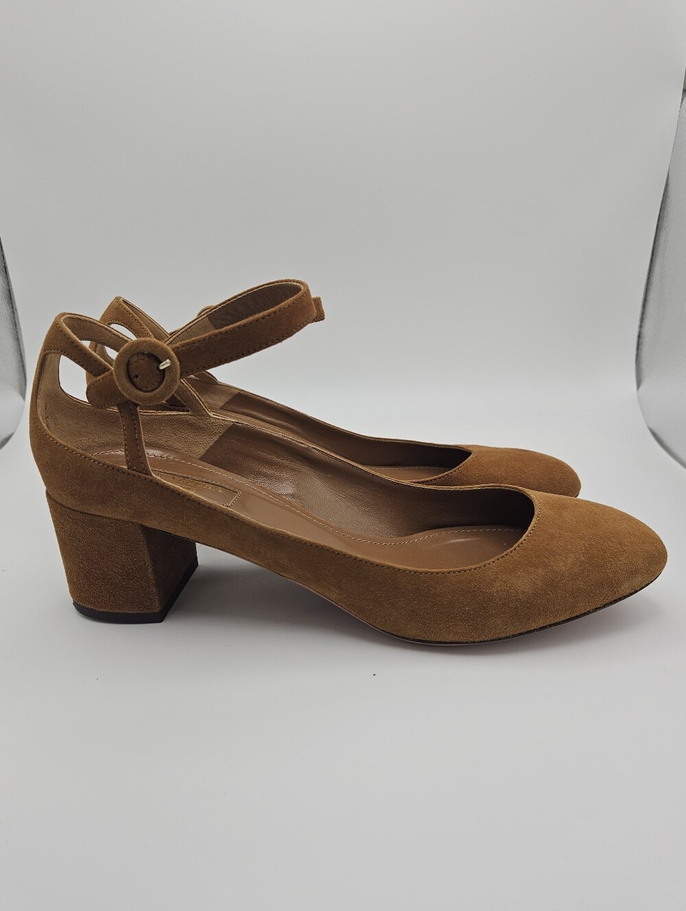 Aquazzura light brown suede low block heels with ankle straps size 38.5